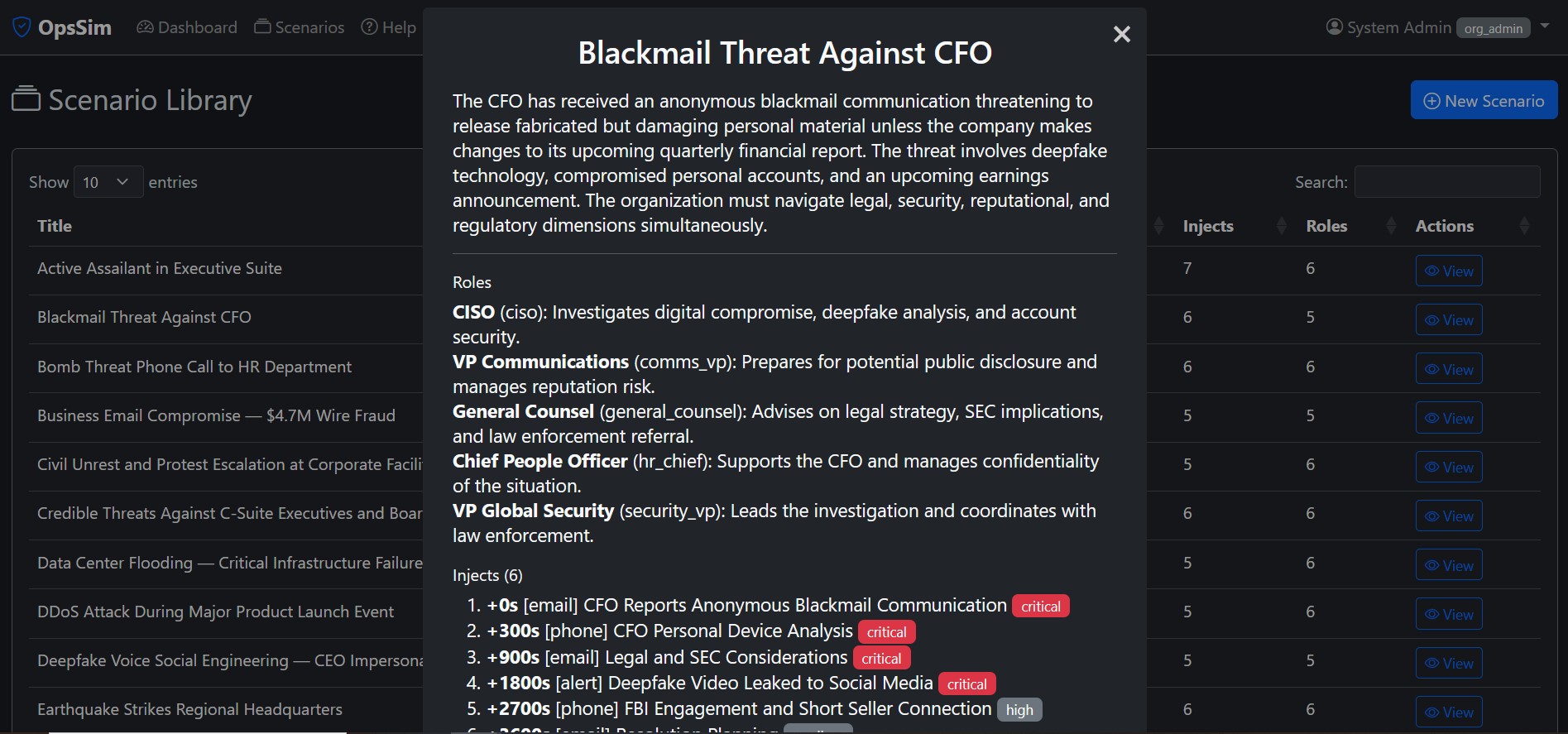 DrillsForge scenario detail showing injects, roles, and difficulty settings