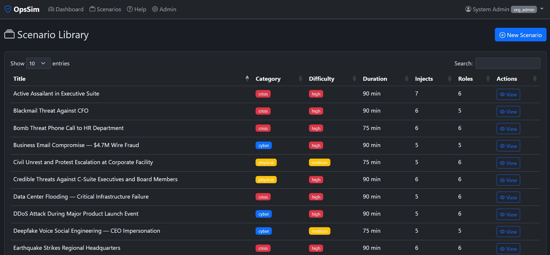 DrillsForge scenario library with cyber, physical, and crisis categories