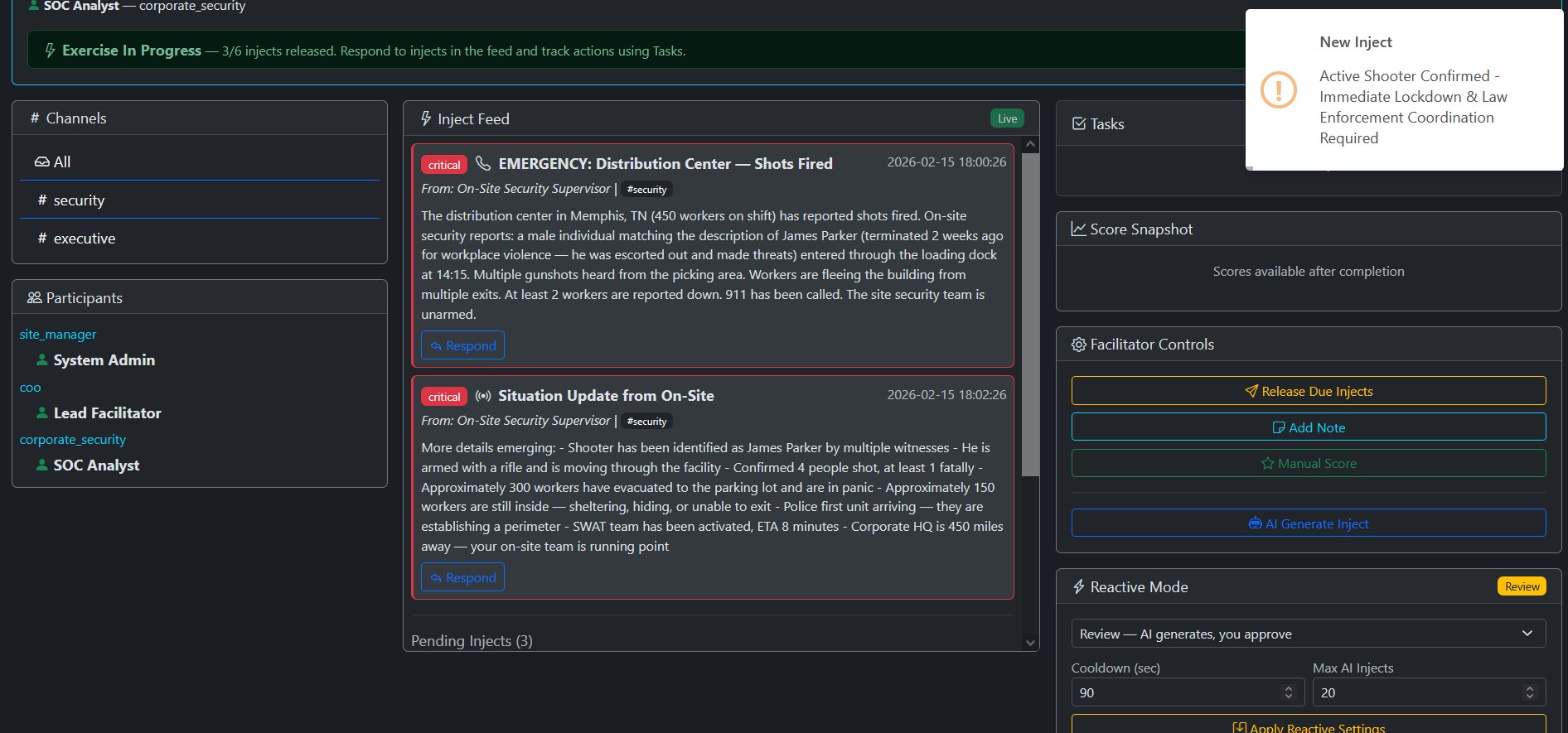 DrillsForge AI engine generating reactive injects based on participant decisions
