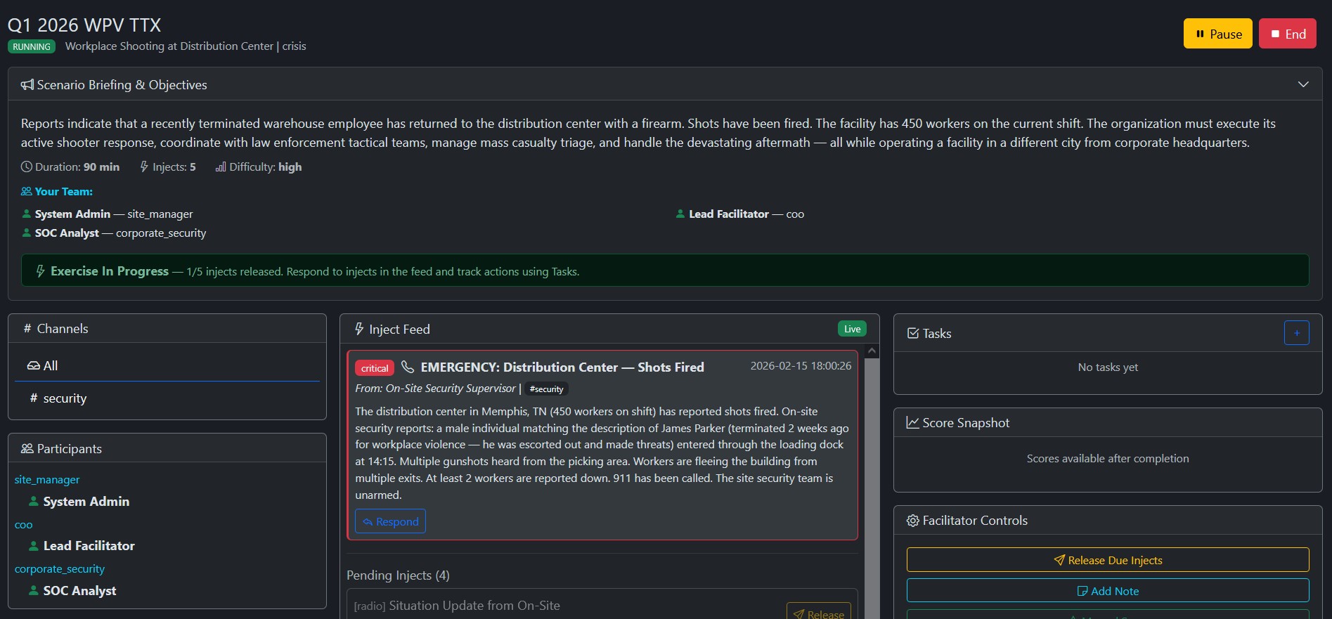 DrillsForge live exercise with active injects and participant responses
